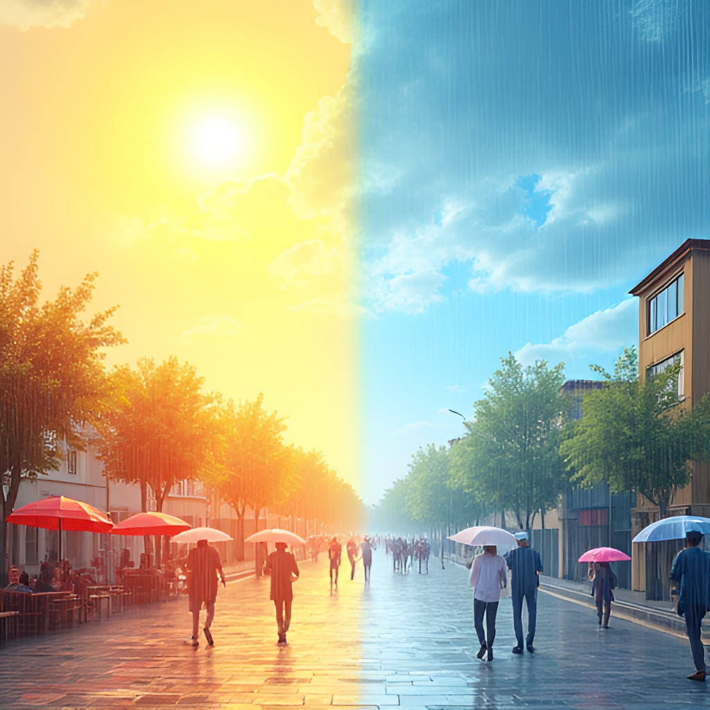 An illustrative image showing contrasting weather elements in Şanlıurfa: one side depicts a bright, sunny day with vibrant heat haze, while the other shows a street scene with people under umbrellas during a moderate rain shower.