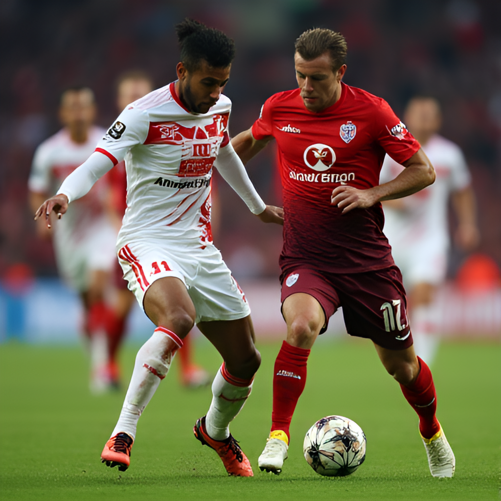 A close-up shot of two football players, one from Royal Antwerp and one from Anderlecht, fiercely contesting the ball in a midfield battle, capturing the intensity of the derby match.