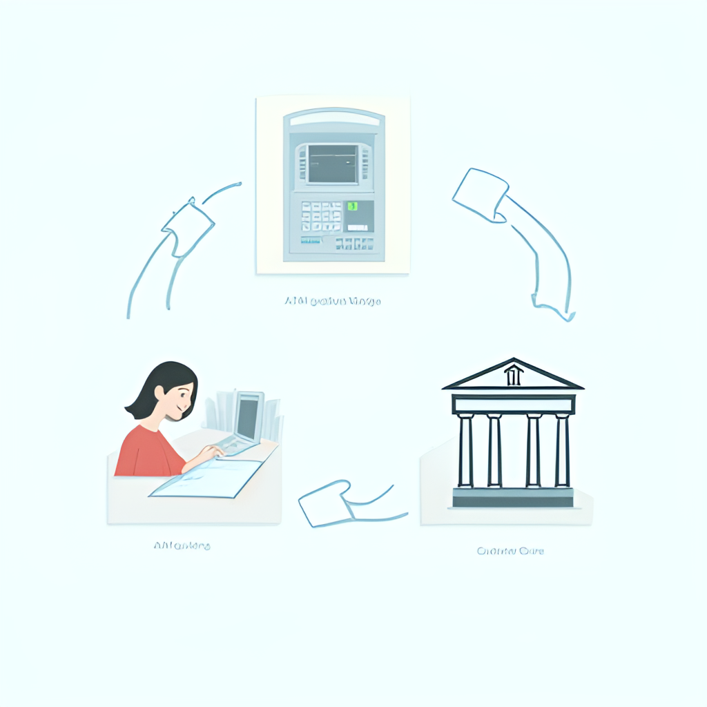 An illustration showing various ways to access banking services during a digital outage, such as a person using an ATM, someone talking on the phone to customer service, and a stylized bank branch icon.