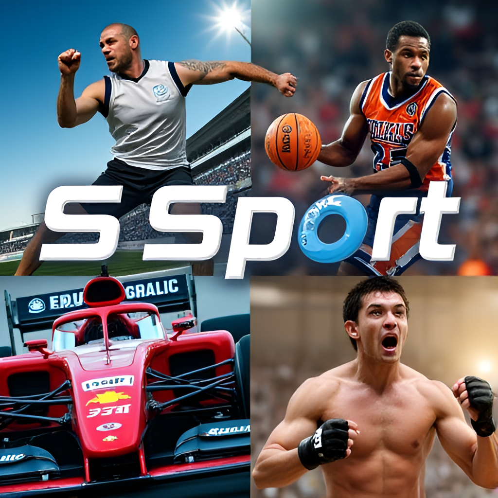 A dynamic collage featuring images representing different sports covered by S Sport: a football player, a basketball player in action, a racing car, and a UFC fighter, highlighting the variety of content available.