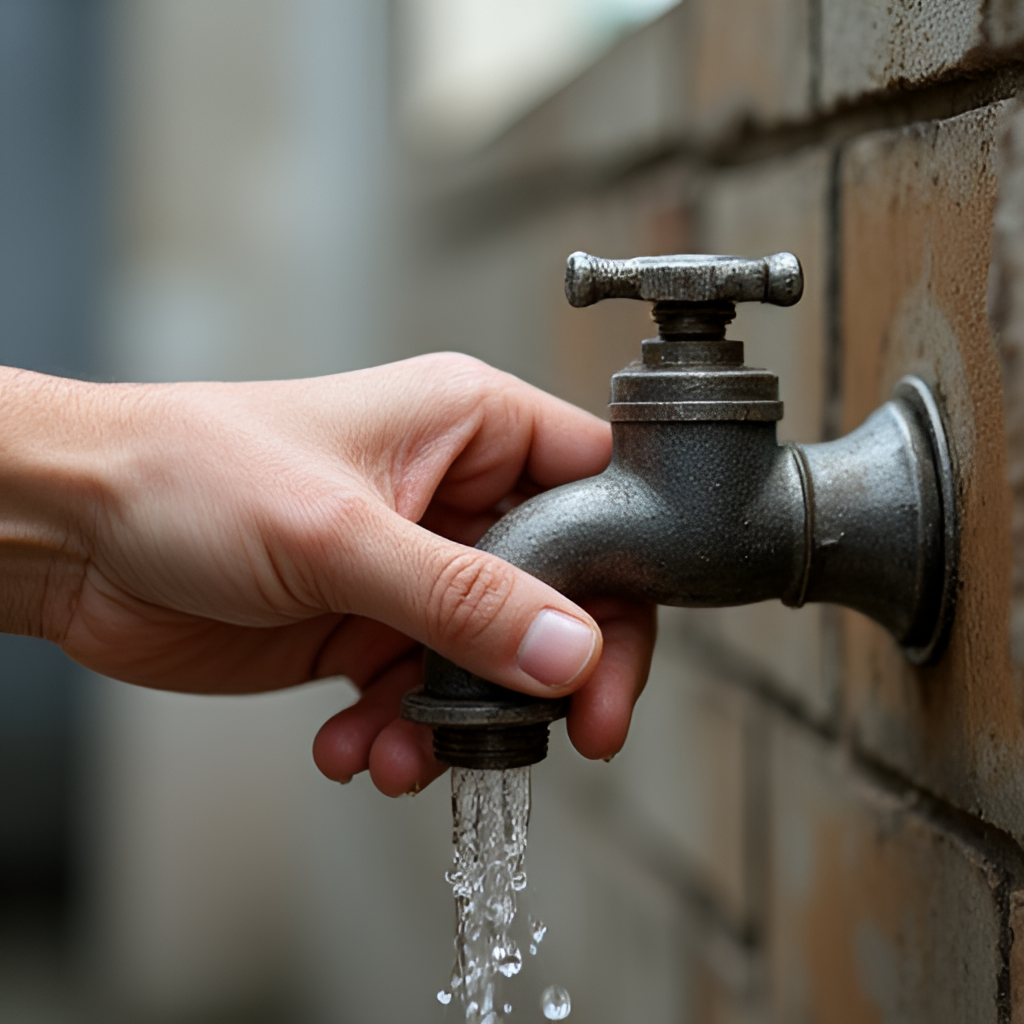 A hand turning a dry faucet with no water coming out, illustrating the frustration and reality of a water cut.