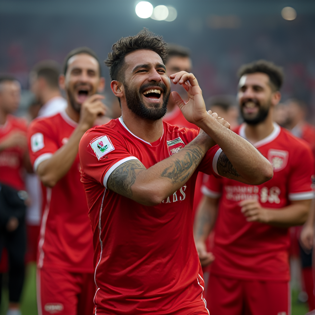 A medium shot of Fernando Muslera celebrating a victory with Galatasaray teammates, showing his joy and camaraderie, perhaps holding a trophy or cheering with fans in the background. Focus on the emotional aspect of team success.