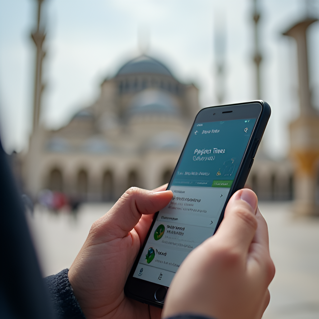 A close-up shot of a person checking prayer times on a smartphone application with a mosque in the blurred background.