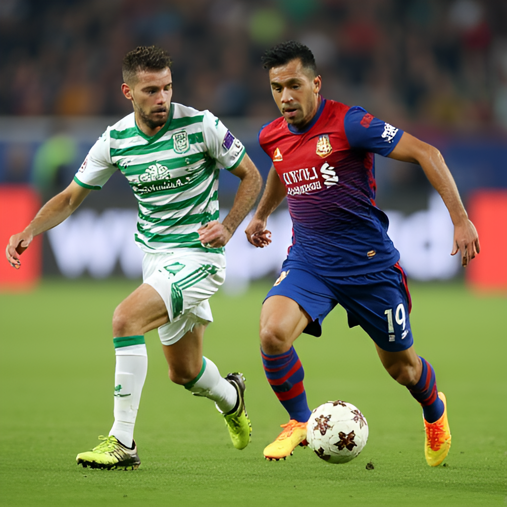 A dynamic shot of a Real Betis player in action against an Espanyol player during a recent match, capturing the intensity of the competition.