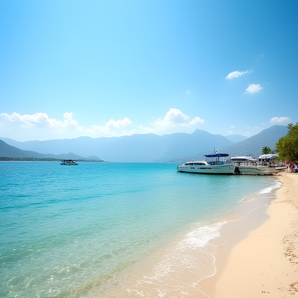 A sunny summer day scene at the shore of Lake Van, with clear blue water, a few boats, and distant mountains, illustrating the warmer season and the lake's influence.