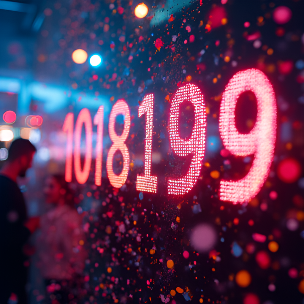 A close-up shot of winning lottery numbers being displayed on a screen, with confetti falling and people celebrating in the background. Vibrant colors, dynamic composition.