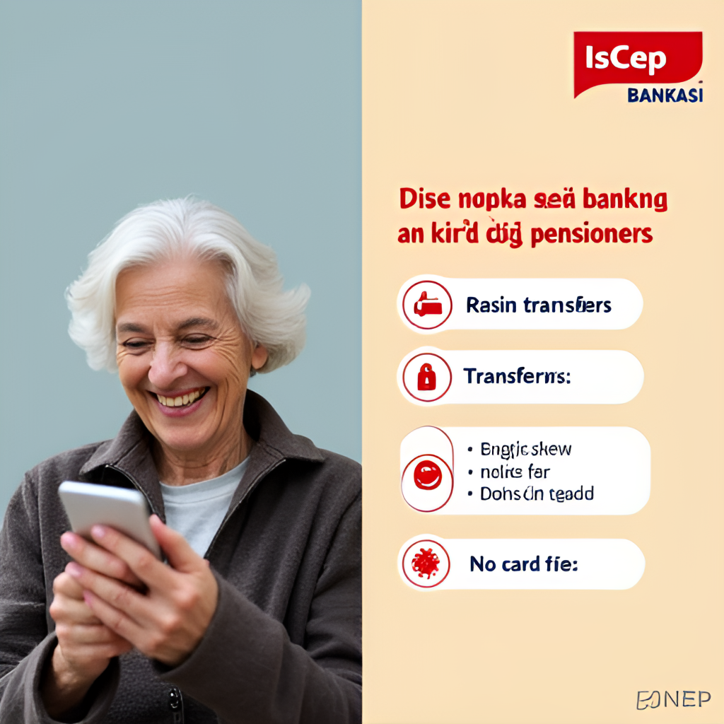 A split image showing an older person happily using a mobile banking app (IsCep) on one side, and the İş Bankası logo with a list of benefits (like free transfers, no card fees) on the other side, representing the ease of digital banking and extra benefits for pensioners.