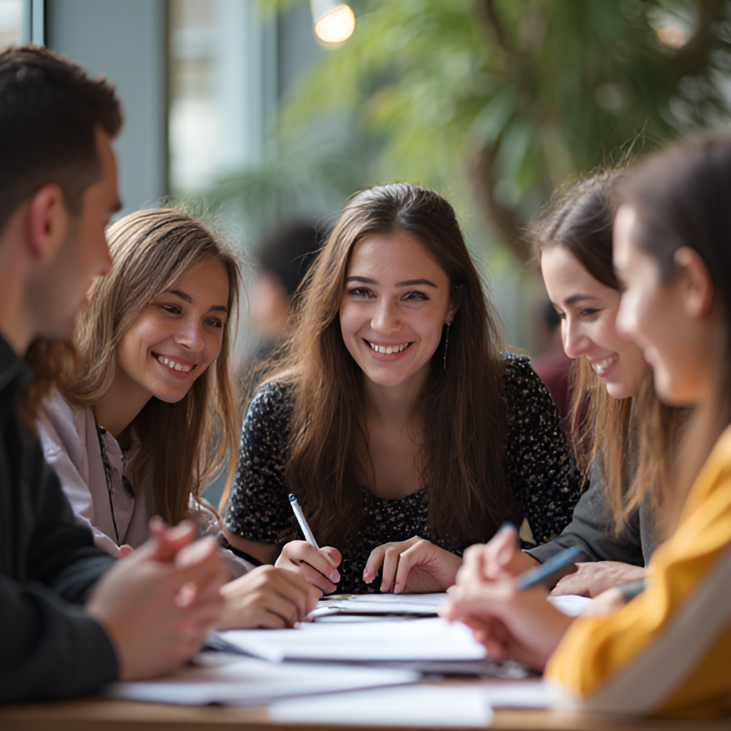 A group of diverse students from Sivas Cumhuriyet University interacting and smiling in a communal study area or a campus cafe, conveying a sense of community and friendship.