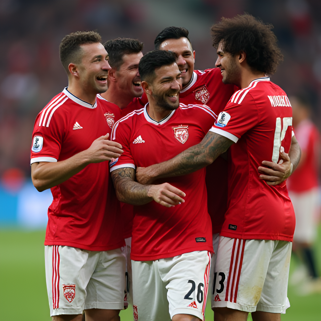 A close-up, dynamic shot of the Benfica team celebrating a goal on the field, showing the players' emotion and camaraderie