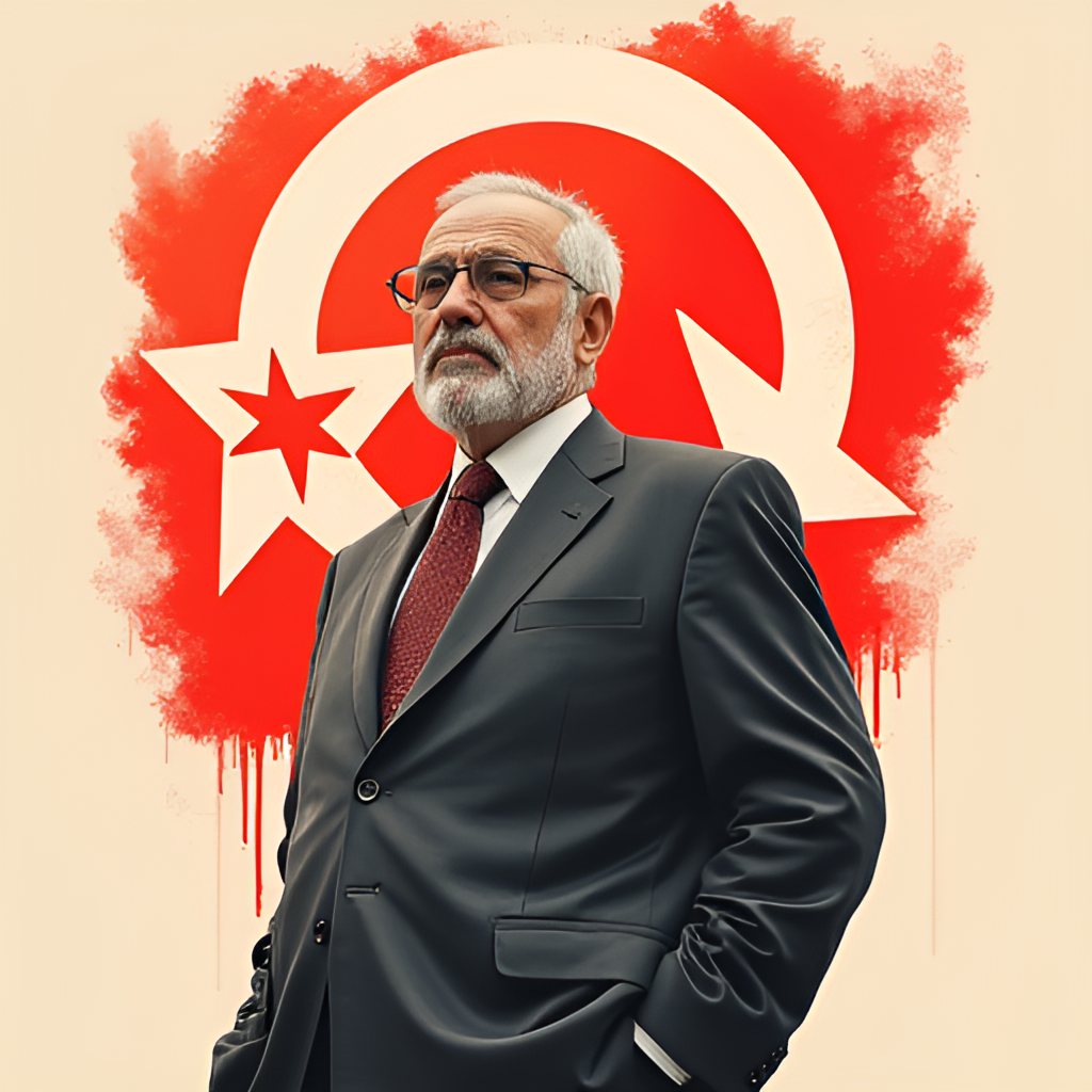 A contemporary editorial illustration depicting Doğu Perinçek standing in front of the Vatan Partisi logo, with subtle visual elements representing his long political career and various ideological shifts.
