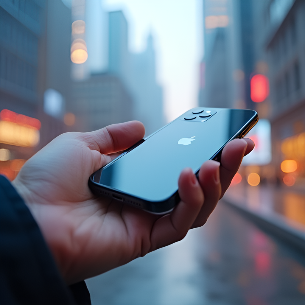 A close-up shot of a person's hand holding an ultra-thin phone, representing the rumored iPhone 17 Air, with a blurred futuristic city background