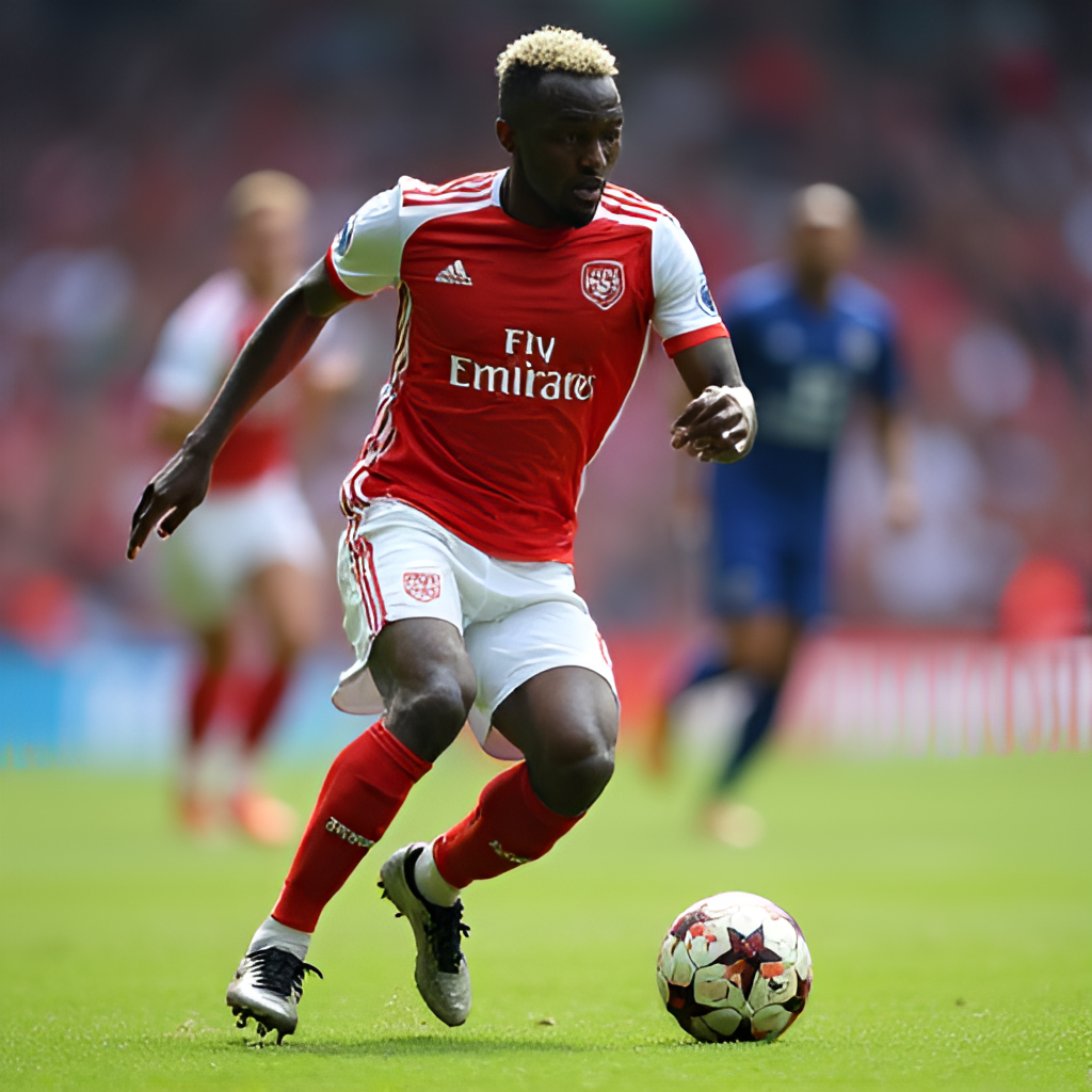 A dynamic close-up shot of Henry Onyekuru dribbling the ball past a defender, emphasizing his agility and control, with a blurred football stadium background