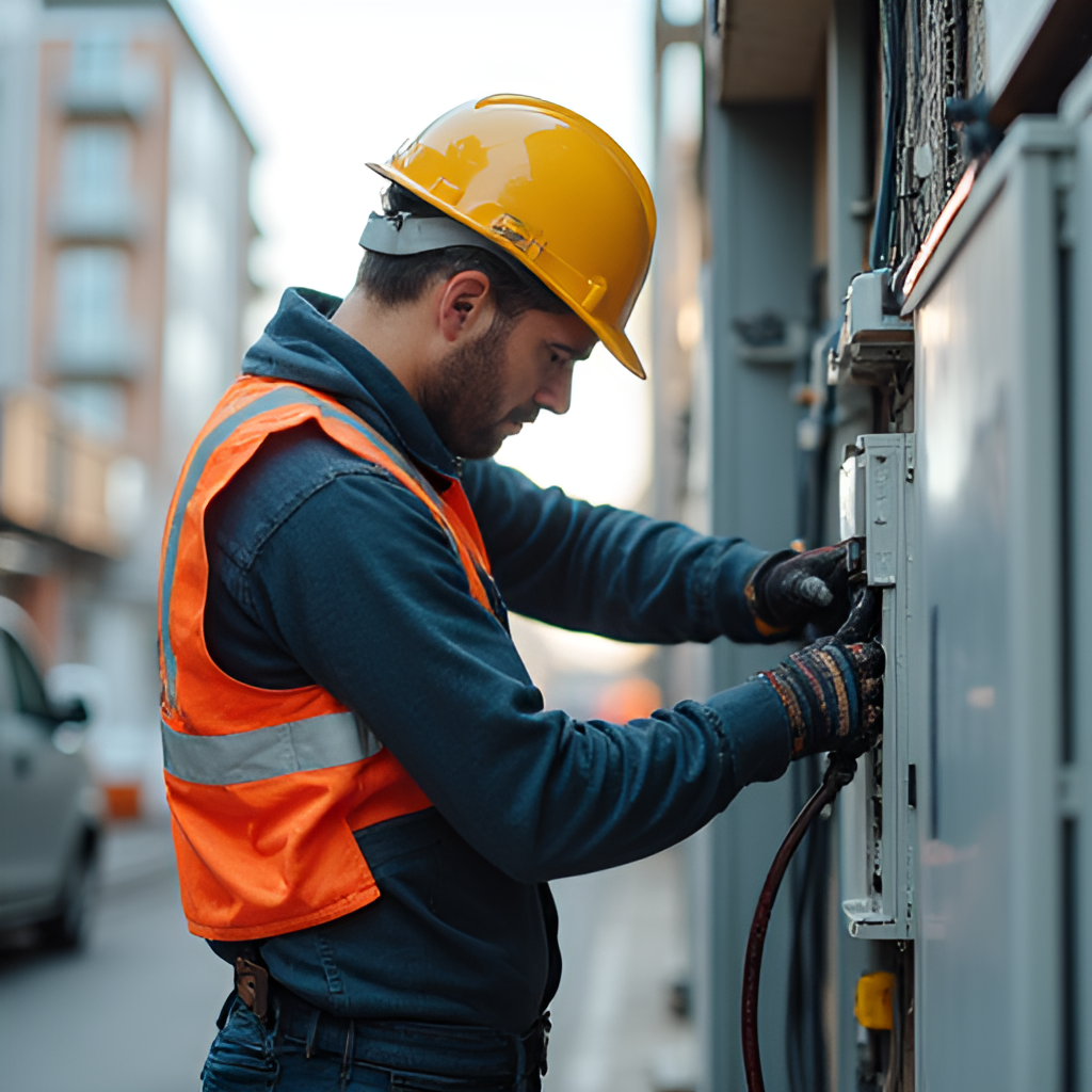 A BEDAS technician working on an electrical panel or infrastructure component safely, demonstrating maintenance and service work in an urban setting.