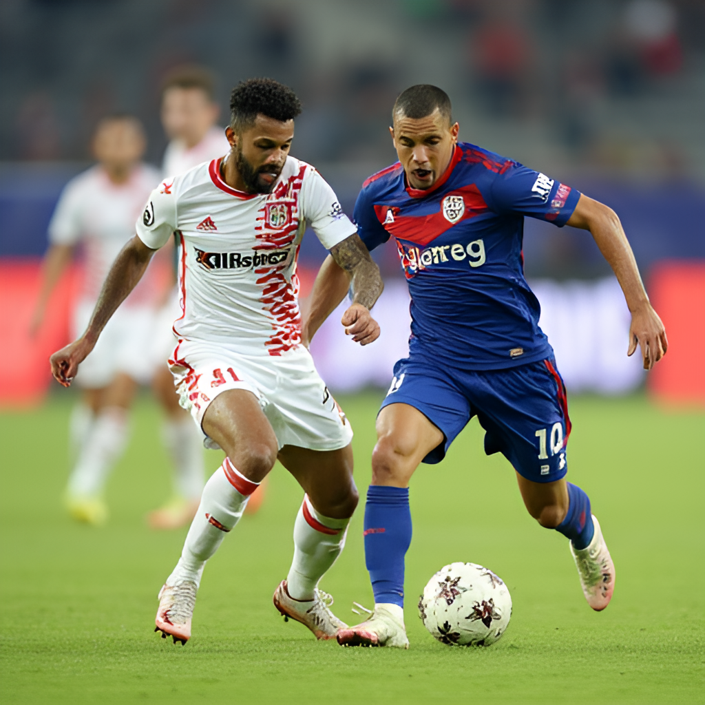 A dynamic action shot of a football player from Al Hilal dribbling past a defender from Al Orobah during a match, showing determination and skill