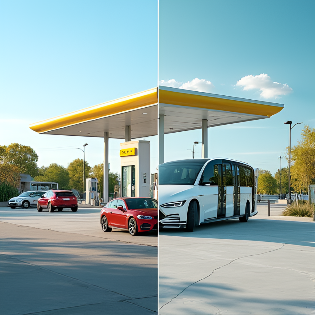 A split image or collage showing contrasting scenes: one side depicting traditional fuel stations and vehicles, and the other side featuring electric vehicle charging stations and modern, fuel-efficient cars or public transport, symbolizing alternative solutions to rising fuel prices.