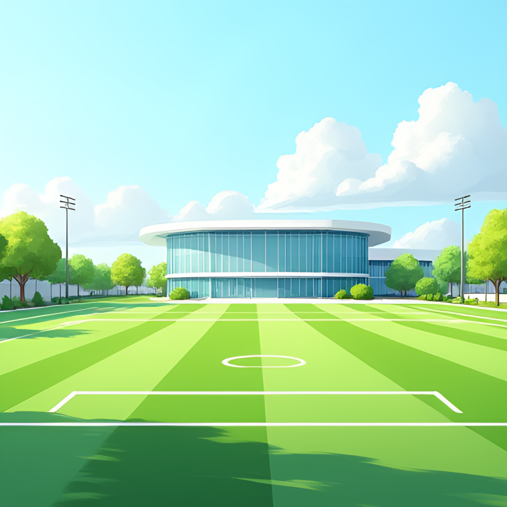 An illustrative image showing a modern sports training facility with a green football pitch in the foreground and a building in the background, representing the infrastructure investments of a sports club