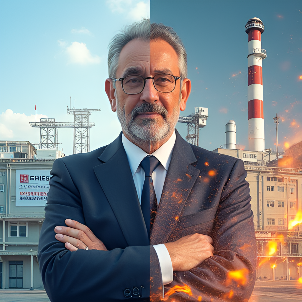A composite image showcasing Mahmut Uslu's dual career: one side showing him in a professional business setting, maybe with a building or factory representing DAY Group, and the other side depicting a scene related to Fenerbahçe sports (e.g., a stadium or basketball court), combining realism and a slightly illustrative feel.