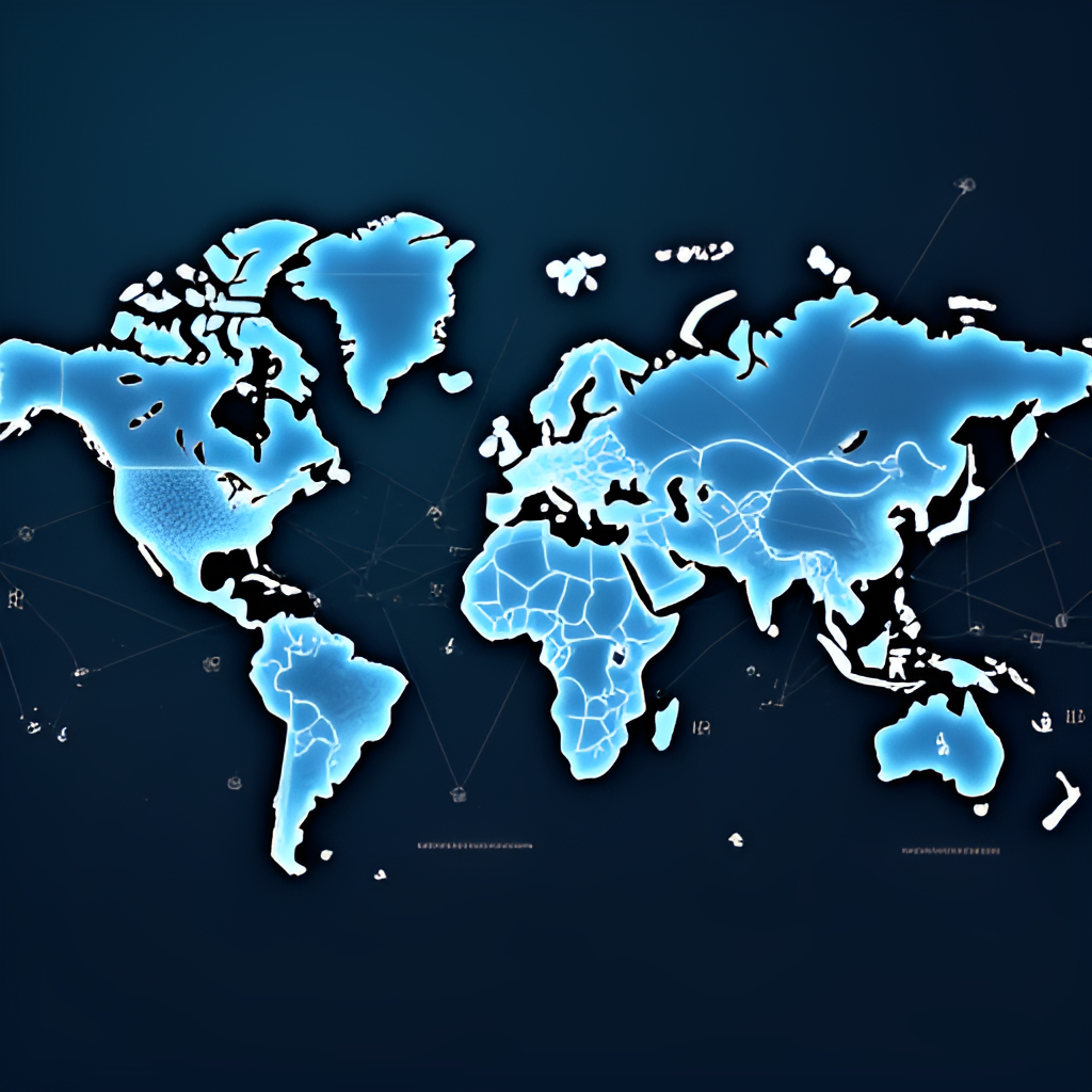 A conceptual image illustrating global economic connections, with lines connecting different continents and financial charts overlaid, representing the impact of Jerome Powell's decisions on the world economy, digital illustration style