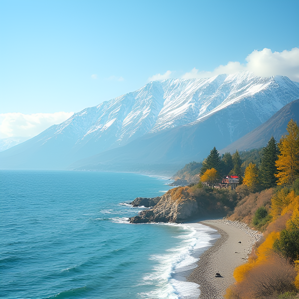An image showcasing the diverse geography of Balıkesir, perhaps combining a sunny coastline with a view of a snowy mountain range in the distance, illustrating the different climate zones