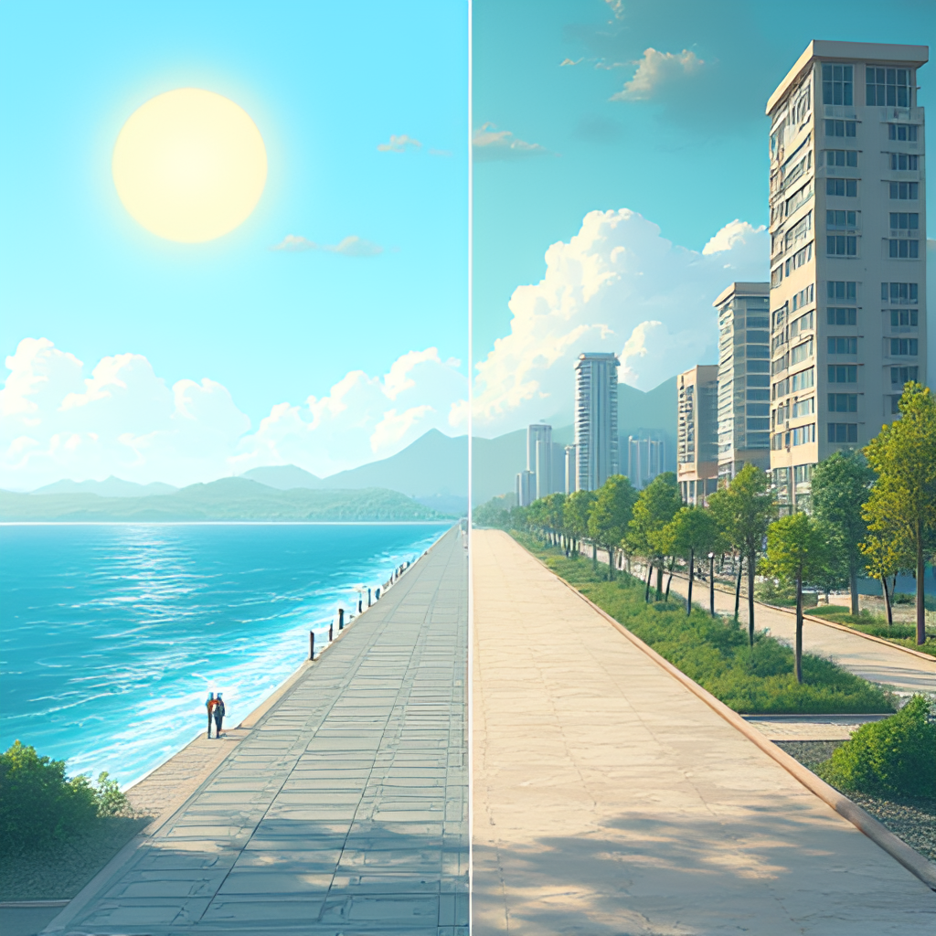 An illustrative image showing seasonal changes in Yalova, perhaps a split image with one side showing a sunny summer day by the coast and the other side showing a rainy or cooler day in the city