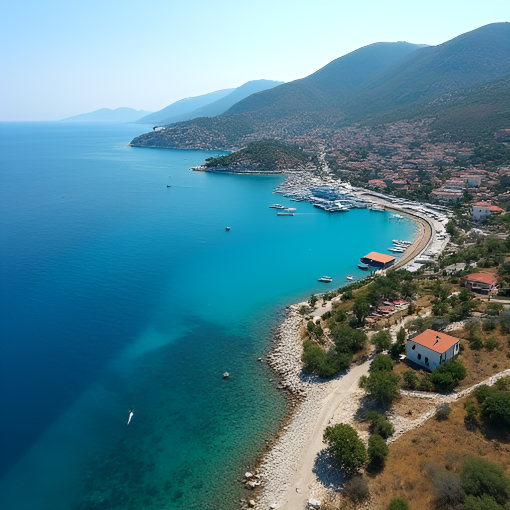 An aerial drone shot showcasing the contrast between Bodrum's natural beauty (clear blue sea, green hills) and some of the urban challenges, such as traffic congestion or ongoing construction, illustrating the difficulties local governance faces in balancing development and preservation.