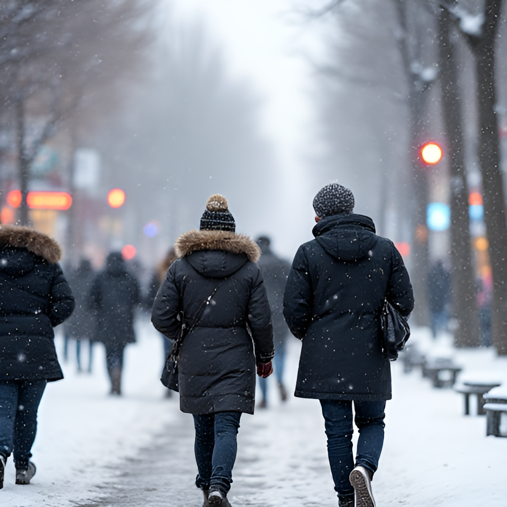 People walking in Eskişehir during a snowy winter day, bundled up in warm clothes, with snowflakes falling