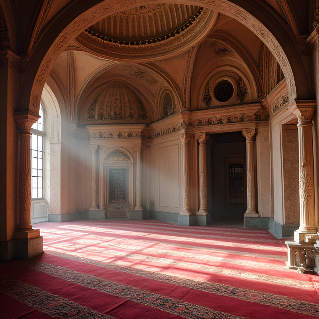 An interior shot of a historical mosque in Izmir, possibly Hisar Mosque or Kemeralti Mosque, showing intricate Ottoman architecture, prayer rugs, and a peaceful atmosphere, with soft light filtering in.