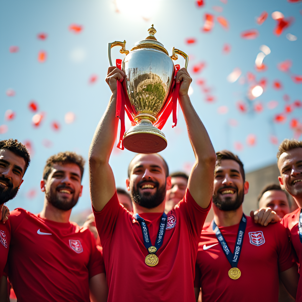 A close-up, celebratory shot of a football team captain lifting the FIFA Club World Cup trophy on a podium, surrounded by jubilant teammates and confetti, in a bright, victorious photographic style.