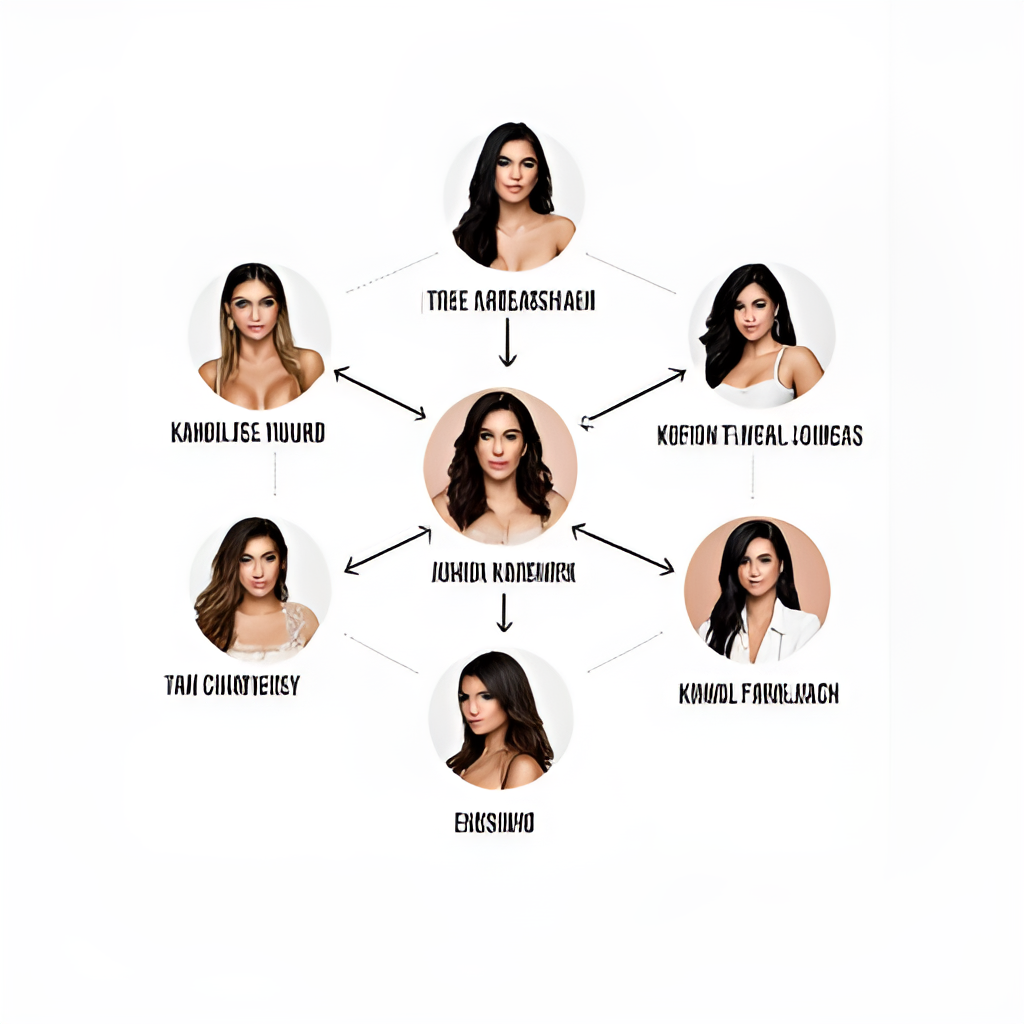 A visual representation showing the interconnectedness of the Kardashian-Jenner family members and their brands, with Kris Jenner at the center, depicted as a network diagram or a stylized family tree highlighting their different business areas like cosmetics, fashion, and media.