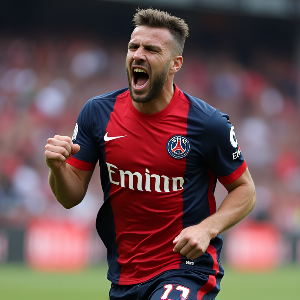 A portrait of Khvicha Kvaratskhelia celebrating a goal or victory, wearing his PSG or Georgia national team kit, with a clear view of his face and an enthusiastic expression