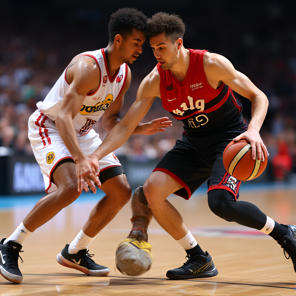 A dynamic, close-up action shot of two players, one from Anadolu Efes and one from Besiktas, contesting a rebound or a loose ball during a game, showing their focus and athleticism