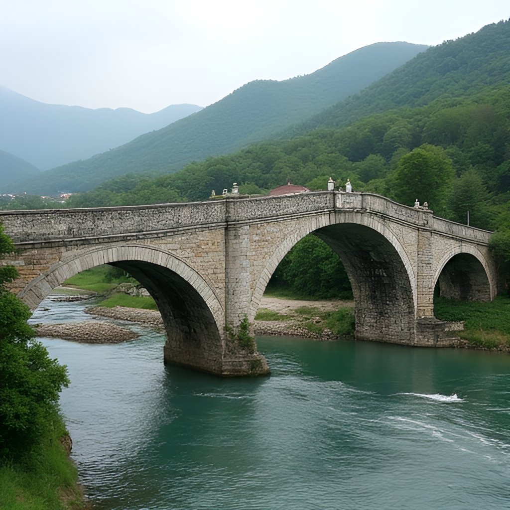Historic Murat Bridge in Muş, a stone bridge spanning a river with green hills in the background, depicting a calm and timeless scene