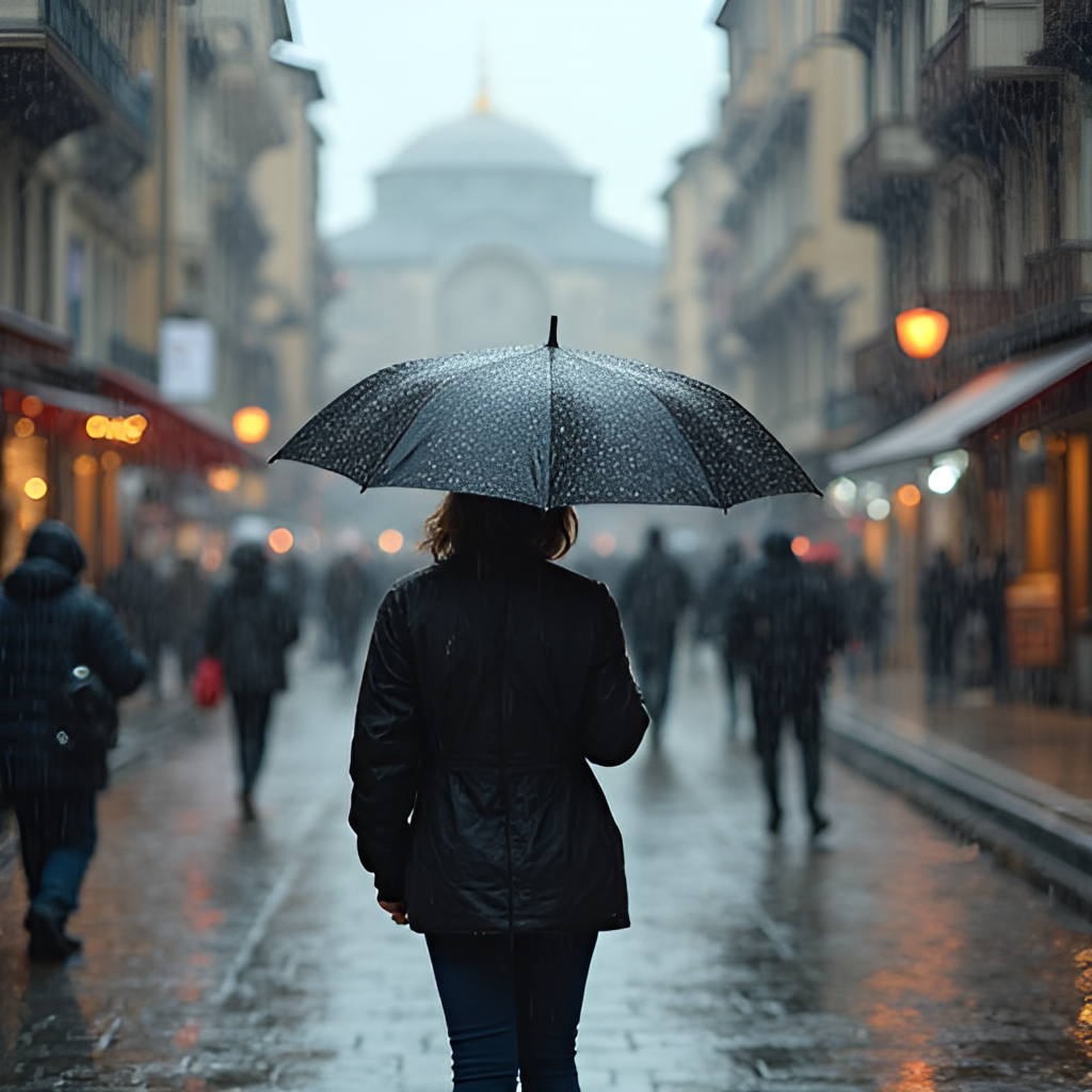 A person holding an umbrella walking in a street in Bursa during a light rain shower, with historical Ottoman-era buildings in the background, showing the city's wet weather periods