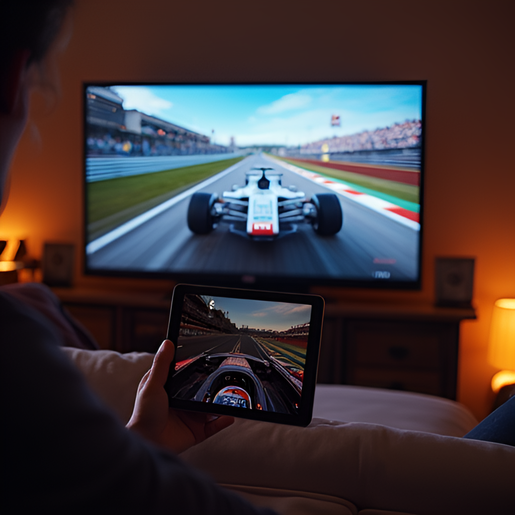 A person enthusiastically watching an F1 race on a tablet or smart TV in a comfortable living room setting, showing the immersive experience of the F1 TV app on a device, warm lighting, realistic photo