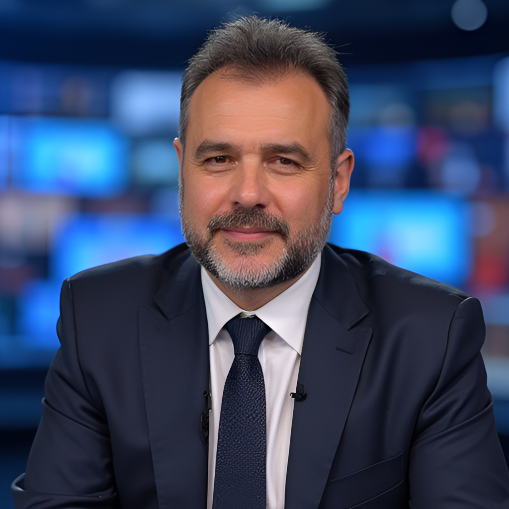 A professional portrait of Tümer Metin in a TV studio setting, looking directly at the camera, perhaps with a microphone visible, representing his current role as a commentator.