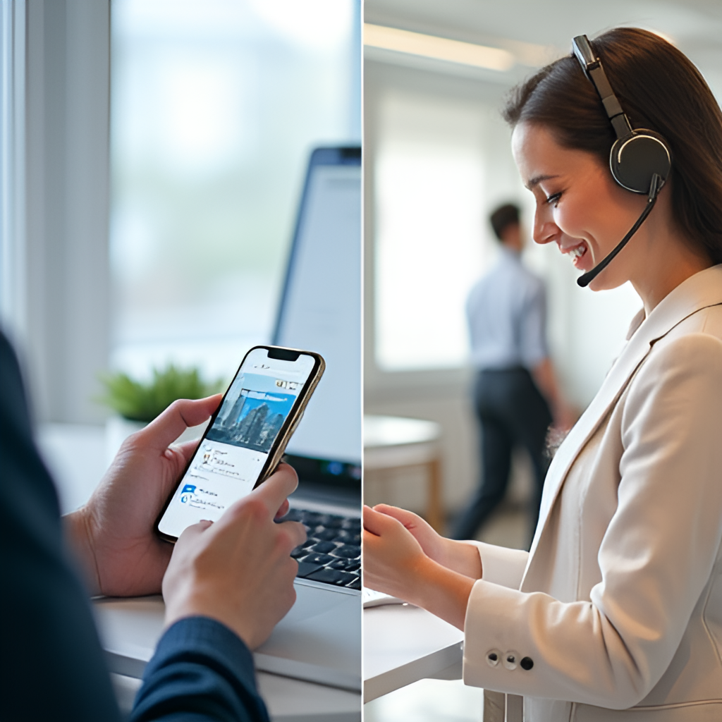 A split image depicting customer interaction channels for Türk Telekom, with one side showing a person using the Türk Telekom mobile app and the other side showing a customer service representative assisting a person in a modern office setting, in a clean, professional visual style.