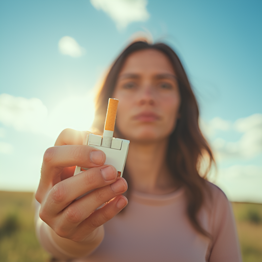 A person looking determinedly into the distance while symbolically crushing a cigarette pack in their hand, with a bright, hopeful sky in the background, suggesting quitting smoking, vibrant and motivational photo