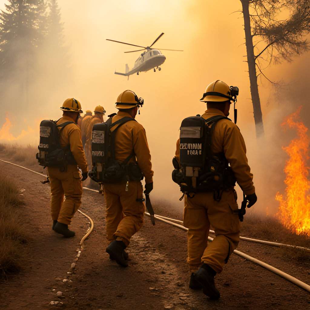 A group of OGM forest firefighters battling a wildfire, equipped with modern gear, water hoses, and possibly a helicopter in the background, conveying the challenging nature of their work.