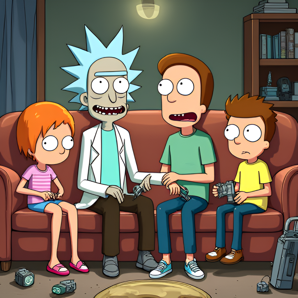 A group shot of the Smith family (Rick, Morty, Beth, Jerry, Summer) looking dysfunctional but together, perhaps on their living room couch or in Rick's garage, surrounded by strange gadgets. Cartoon style.