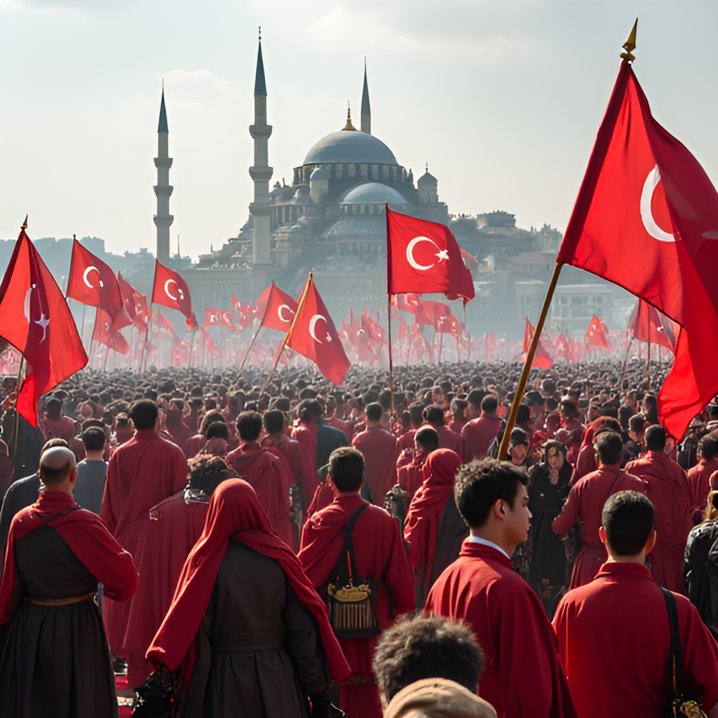 A modern photo showcasing the annual commemoration ceremonies for the Conquest of Istanbul, featuring a historical reenactment or a large public gathering with flags and celebratory elements.