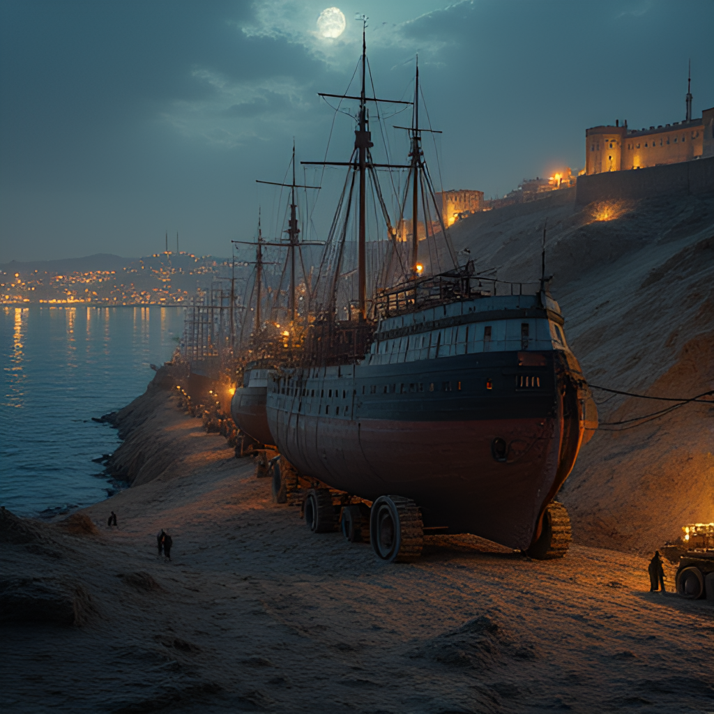 A detailed visualization showing Ottoman ships being moved overland on wooden rollers, possibly at night or dawn, over a hill towards the Golden Horn, with the walls of Constantinople visible in the background. Emphasize the scale and ingenuity of the operation.