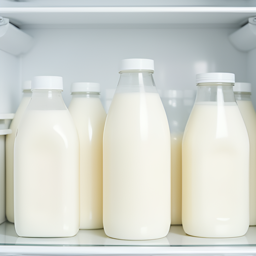A clean, organized flat lay photo showing labeled containers of expressed breast milk stored in a refrigerator or freezer, emphasizing safe storage.