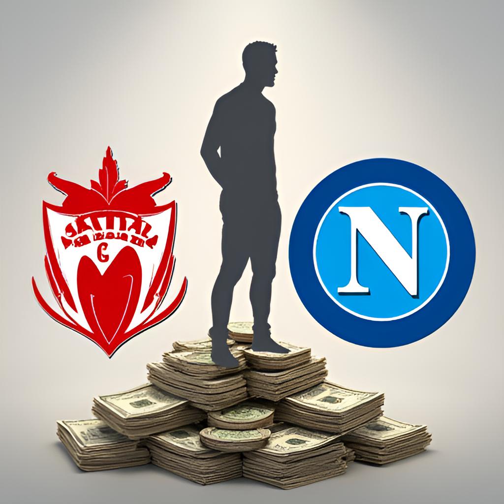 A visual representation of the financial aspect of the transfer, possibly showing large sums of money or coin stacks alongside club logos (Galatasaray and Napoli) and a silhouette of Victor Osimhen.