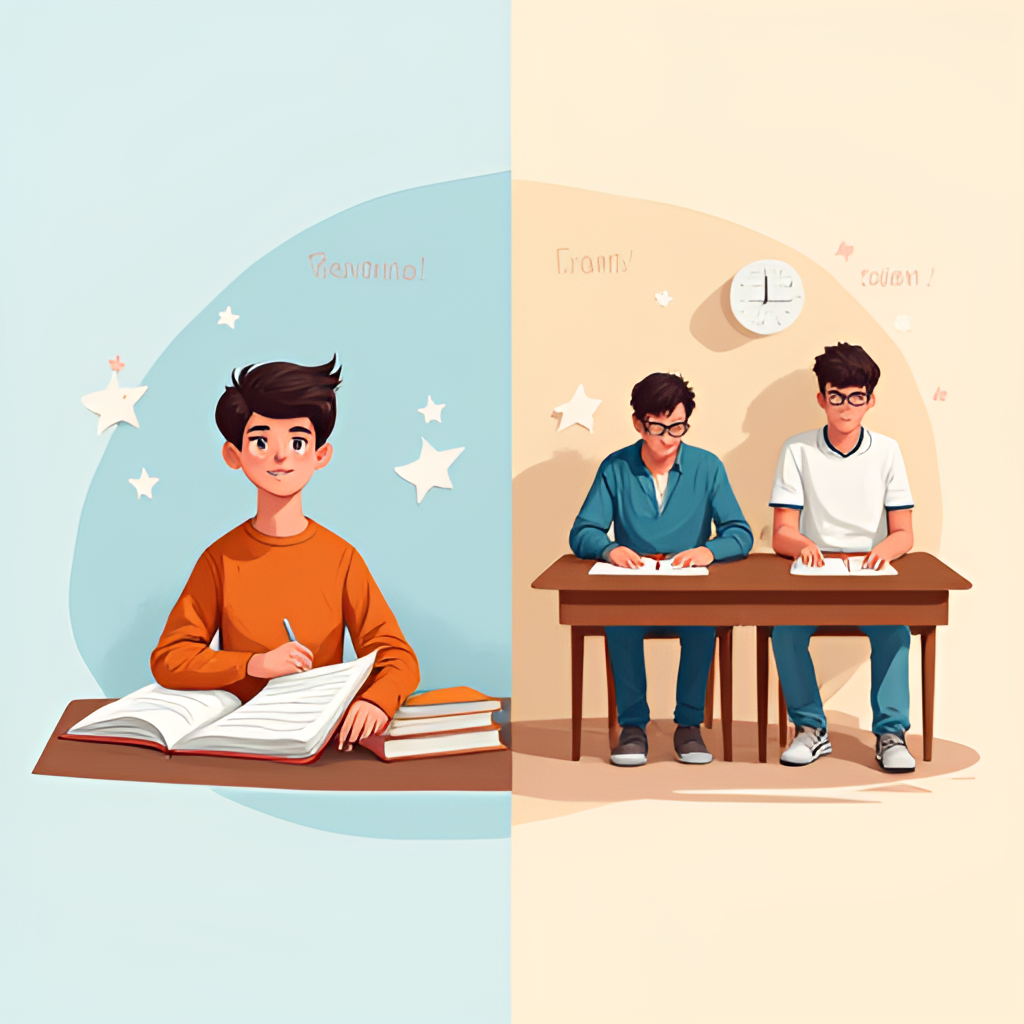A split image showing two scenes: one side depicts a student studying diligently with books and notes, and the other side shows a group of students sitting for an exam in a classroom setting. The style is illustrative and modern.