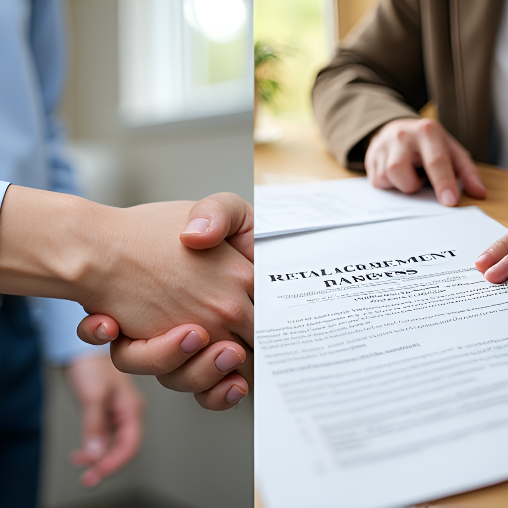 A split image showing a happy tenant shaking hands with a landlord on one side, and legal documents related to rent agreements and regulations on the other side, symbolizing agreement and legal framework.