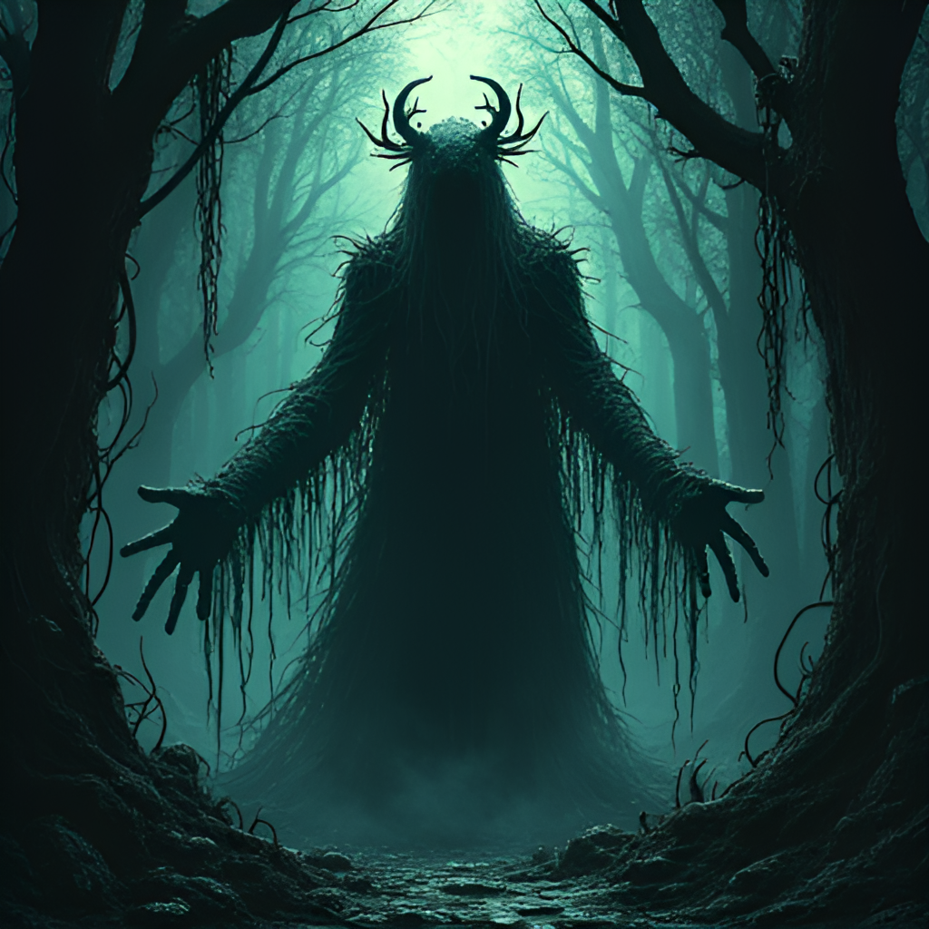 A chilling illustration of Vecna, the Season 4 antagonist, emerging from the shadows in the Upside Down, with vines and a dark, eerie atmosphere, in a dramatic and slightly horror-inspired style