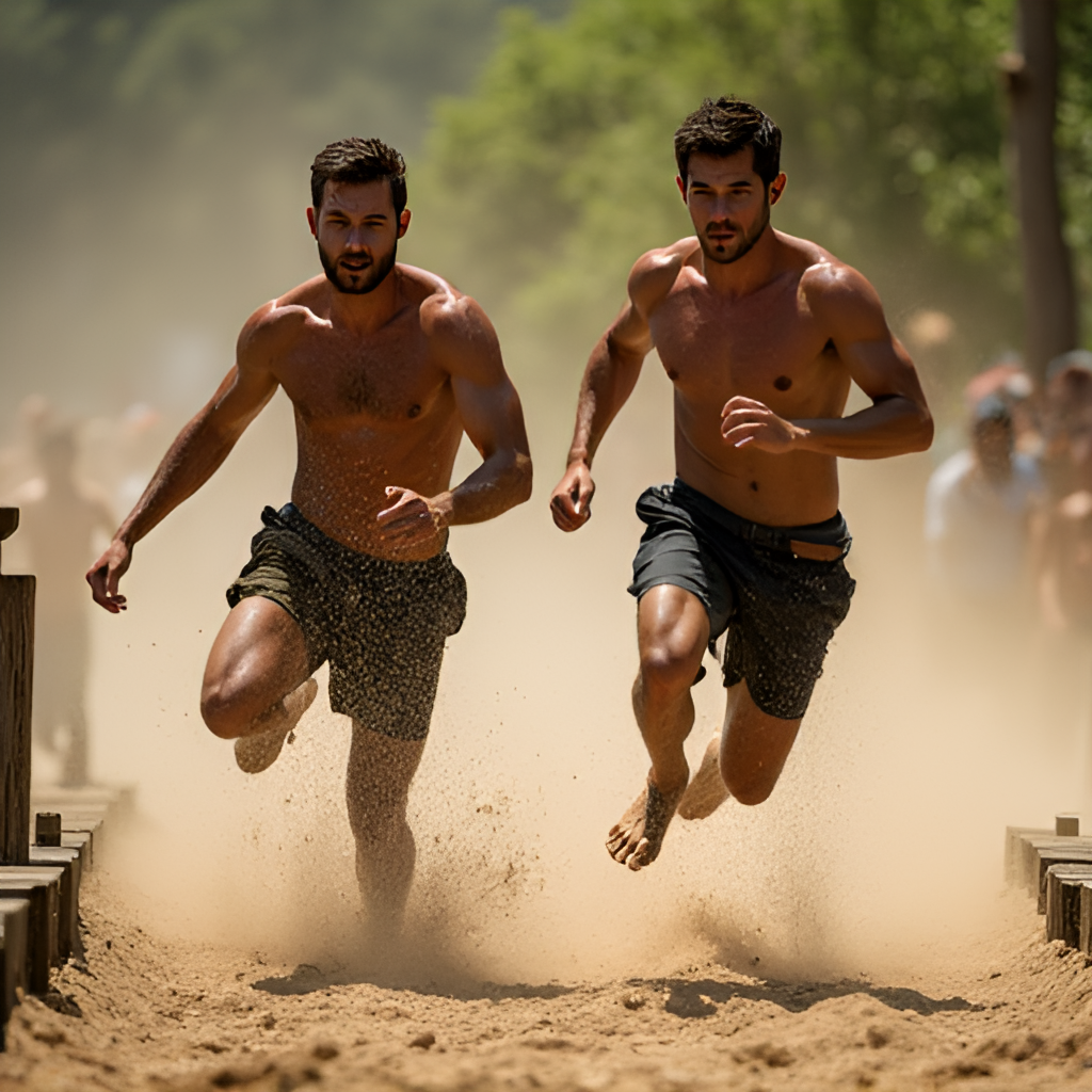 A dynamic action shot of two Survivor contestants competing fiercely on a challenging obstacle course during a crucial immunity challenge, emphasizing speed and determination.
