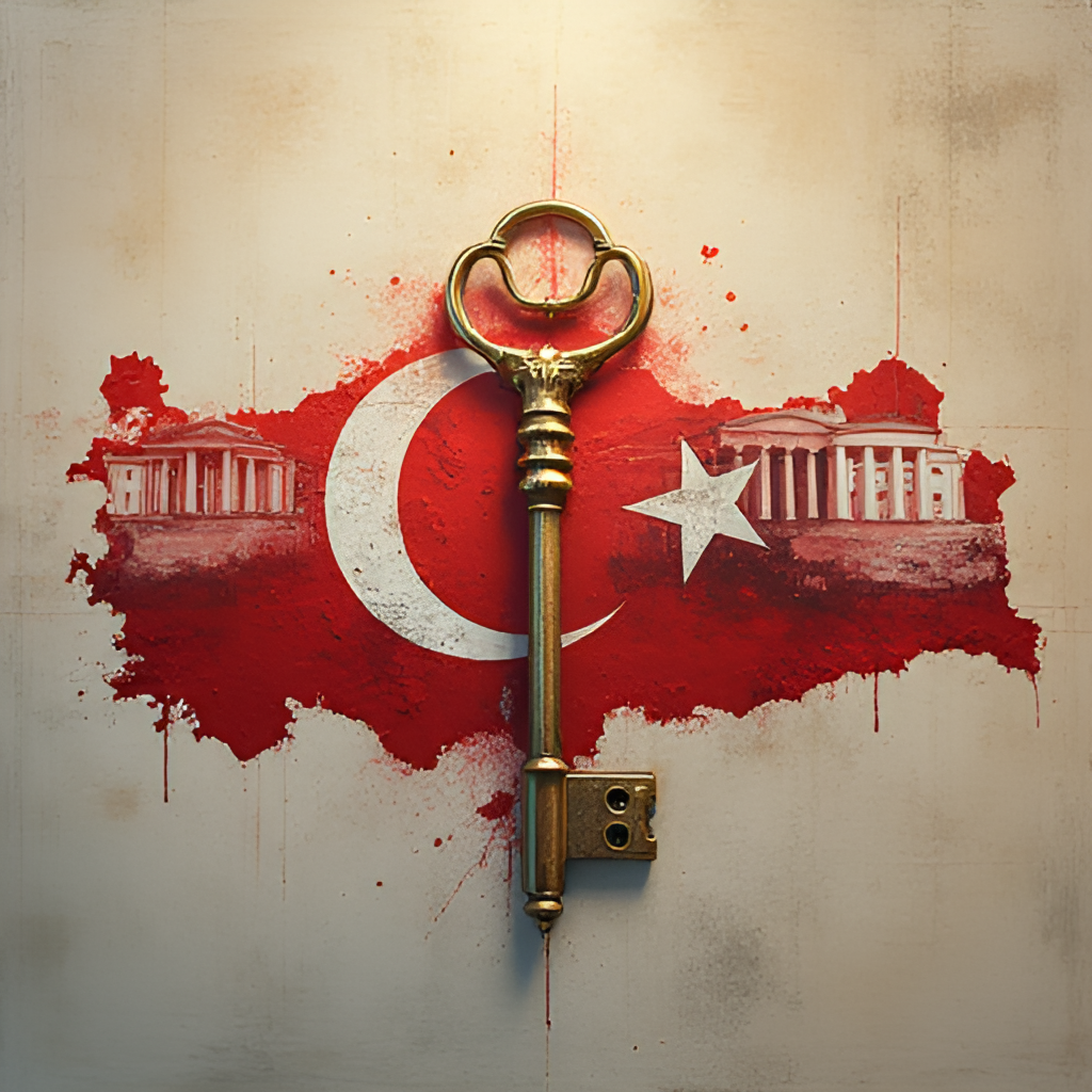 An illustration or photo of the Anahtar Parti logo (a key symbol) subtly integrated into a background representing Turkish political landscape or a map of Turkey, symbolizing a new key to solve problems.