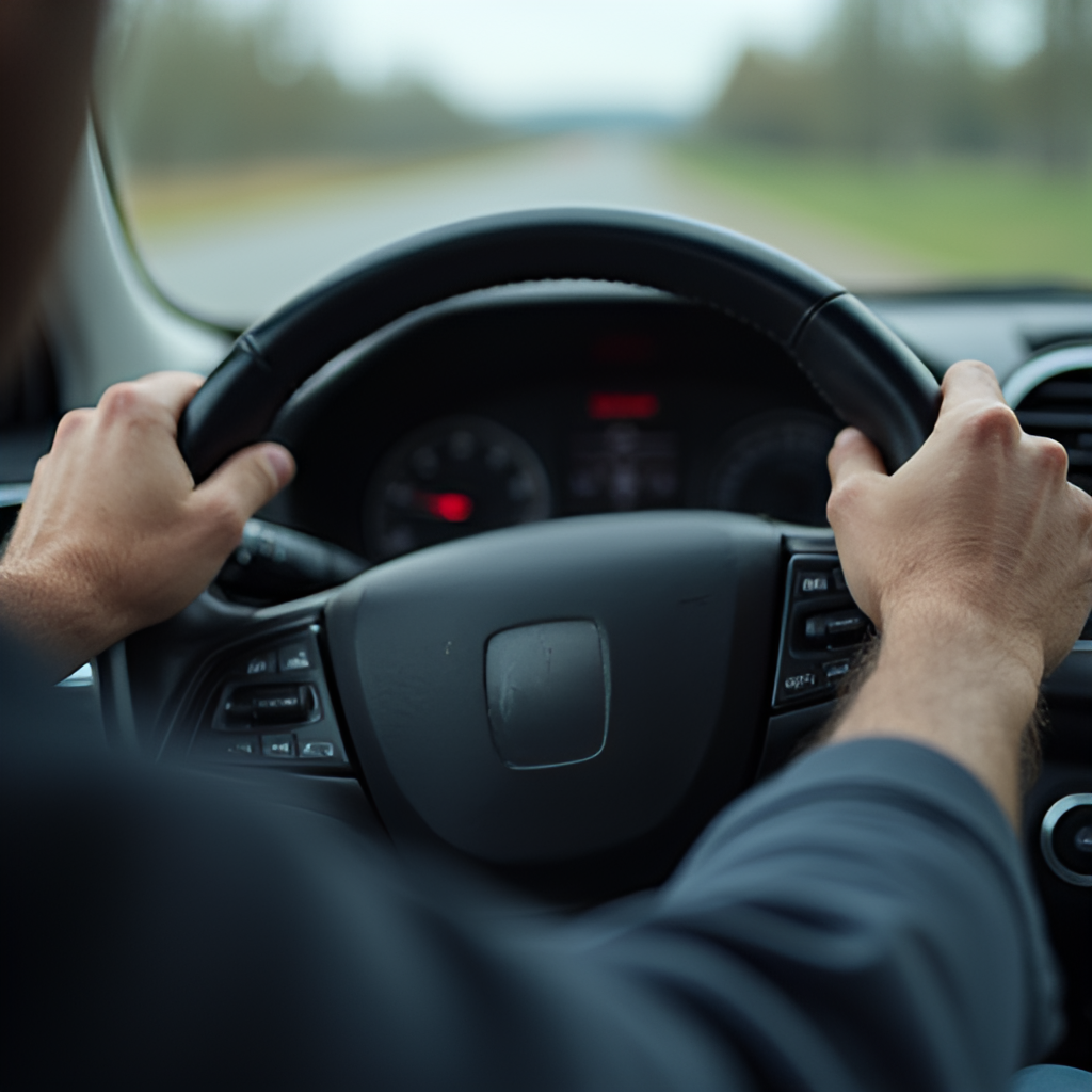 A close-up image of hands on a steering wheel, depicting a driver focused on the road, emphasizing safe driving practices and concentration.