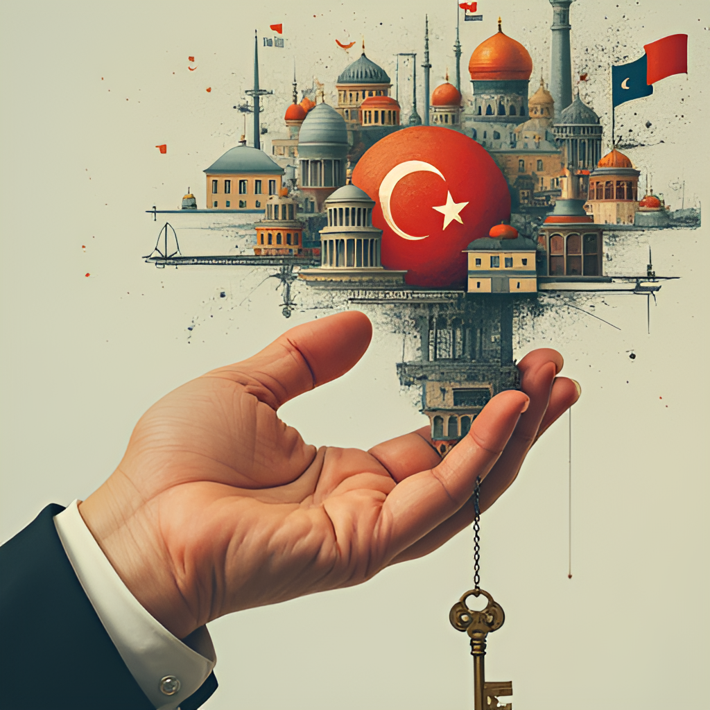 A conceptual image showing a hand holding a key, poised to unlock a complex, interconnected system representing the challenges facing Turkish society (economy, justice, education), rendered in a modern, slightly abstract style.